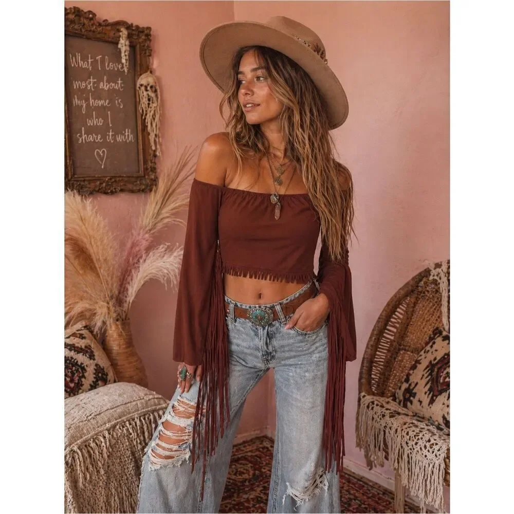 Anthropologie Rust Brown Off-Shoulder Fringe Bell-Sleeve Crop Top